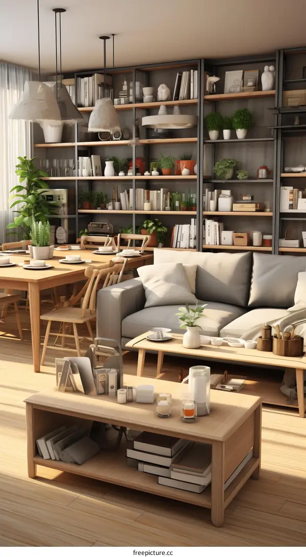 A cozy living room with a large bookshelf and a dining table