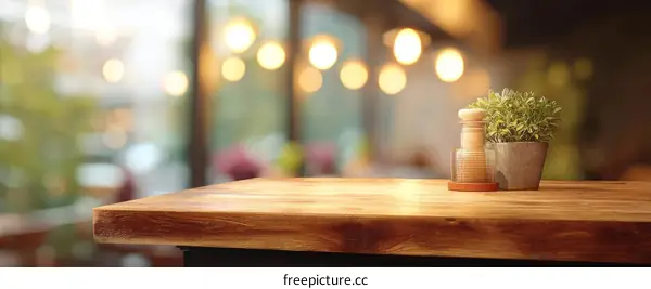 Wooden Table Top with Decor in Cafe