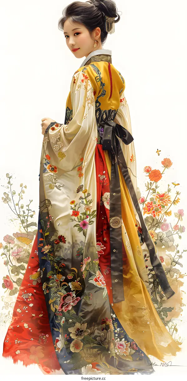 A woman in a hanfu with a beautiful floral pattern and a butterfly on her shoulder
