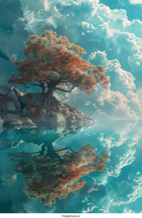 Lone Tree on Island Reflected in Water