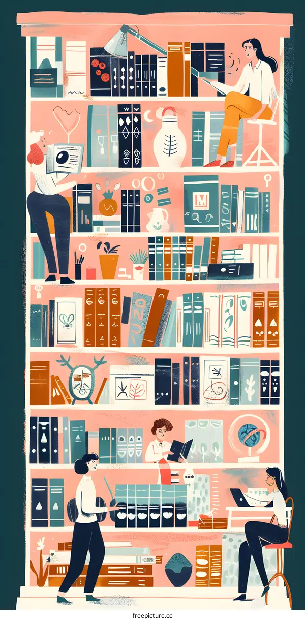 Illustrated Bookcase With People Reading And Working