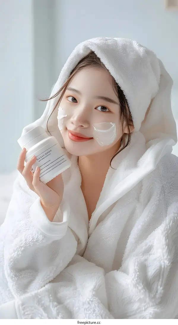Young Woman in a Bathrobe Applying Facial Mask