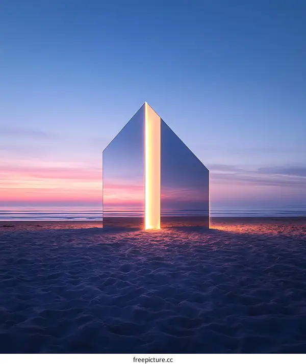 Abstract Minimalist Art Installation on a Beach at Sunset
