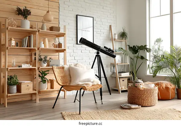 Cozy Wooden Home Library with Telescope
