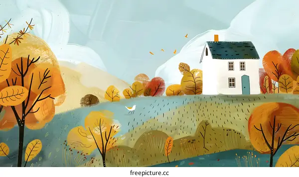 Autumn Illustration Of A White Cottage In The Woods