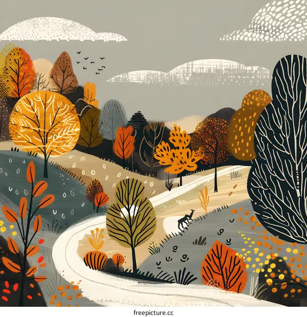 Autumn Landscape With Winding Path And Deer
