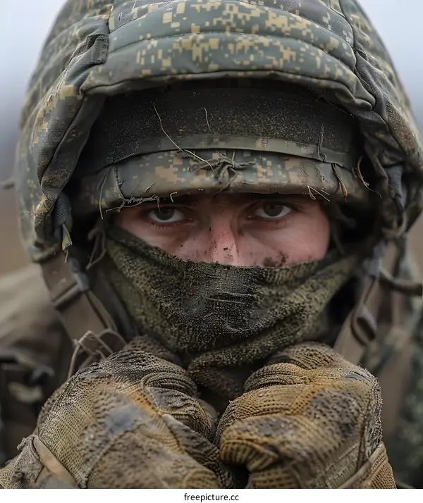 Close Up of Soldier in Camouflage Gear Looking Intensely at Camera