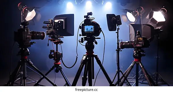 Professional Film Studio Setup with Multiple Cameras and Lighting Equipment