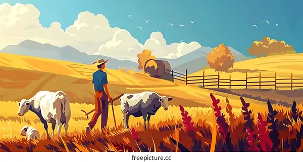 Countryside Landscape With Farmer and Sheep
