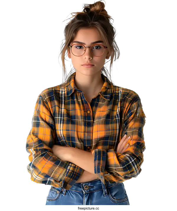 [Transparent Background PNG]Portrait of a young woman in glasses and a plaid shirt