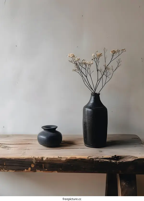 Minimalist Still Life with Dried Flowers in Black Vases