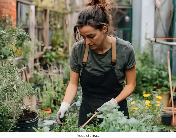 Woman in a Garden with a Green T Shirt and Apron