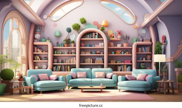 A Surreal Living Room with Pink and Blue Furniture