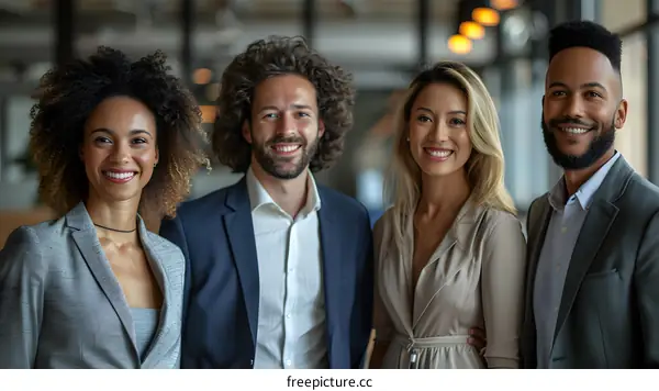 A group of four business professionals smiling and posing for a photo