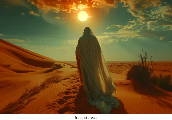 A Woman in a White Dress Walking in the Desert