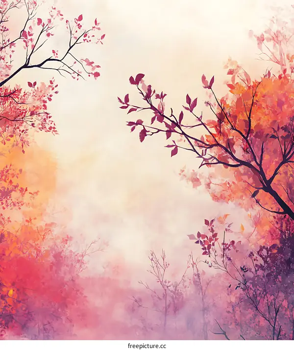 Watercolor Painting of Pink and Orange Trees in Autumn