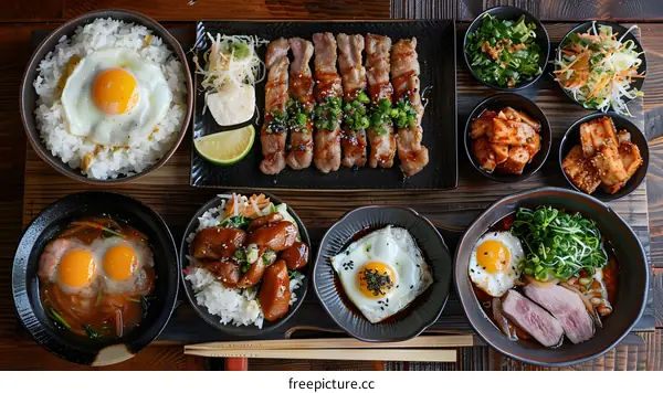 Japanese Cuisine with Fried Eggs and Meat Dishes
