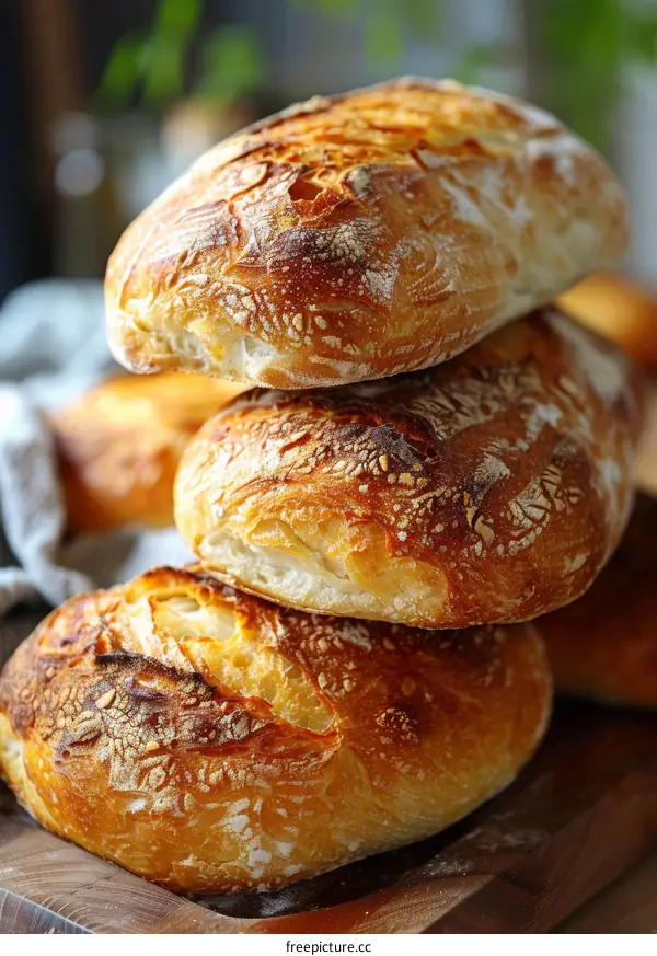 Three stacked loaves of freshly baked bread