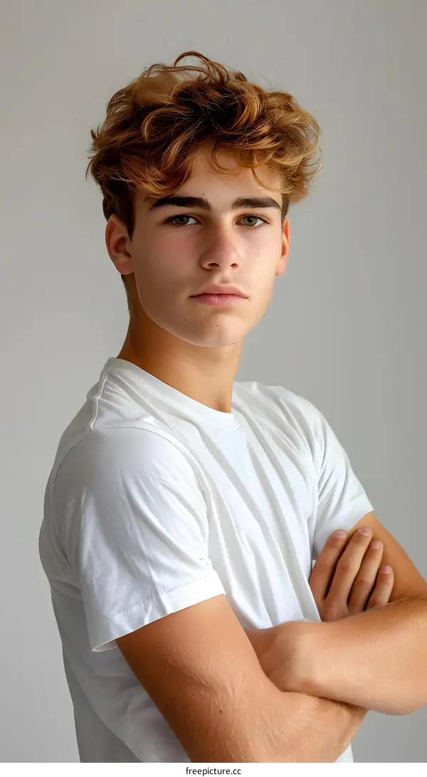Young Man with Red Hair Looking Serious in White T-shirt