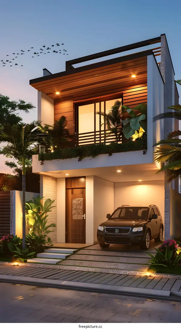 Modern House Design with Wooden Facade and Balcony