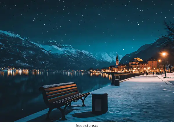 Snowy Night View of a Town with Mountains in the Background