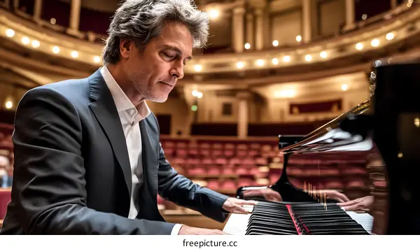 Man Playing Piano in Concert Hall