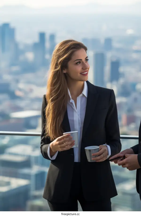 Business people talking on a rooftop terrace overlooking the city