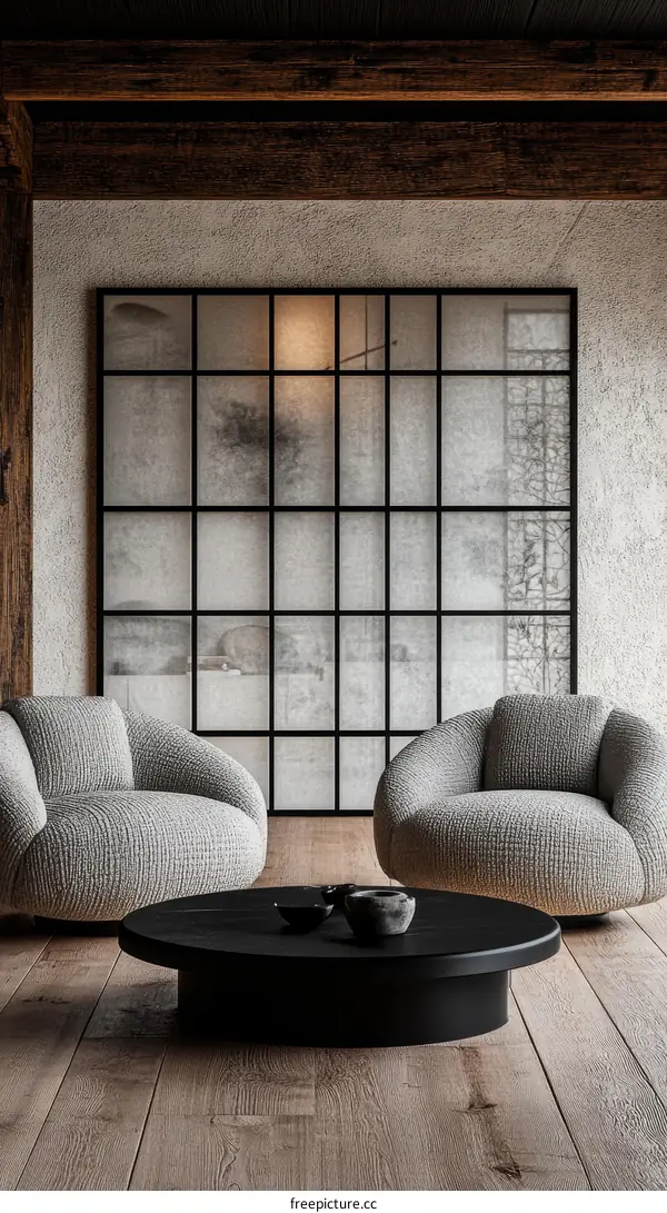 Modern Minimalist Living Room Design with Wooden Beams