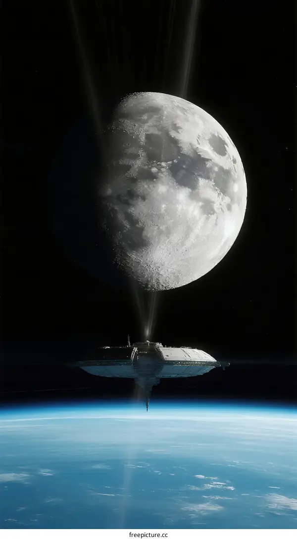 Futuristic Spacecraft Floating Above Earth with Moon in Background