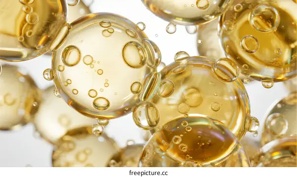 Close-up of golden liquid bubbles with tiny air pockets