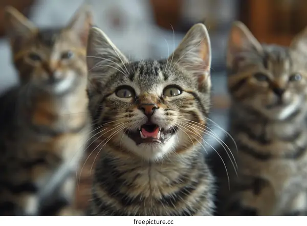 Three cute tabby kittens looking at the camera
