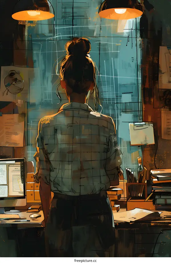 A woman standing in front of a blue wall with a grid of papers on it.