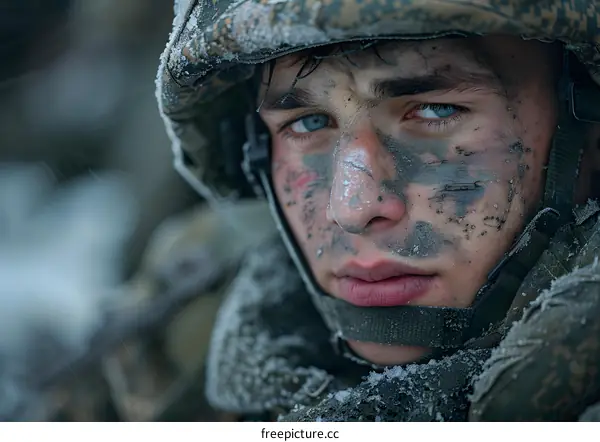 Portrait of a young soldier with blue eyes and a face covered in mud and snow