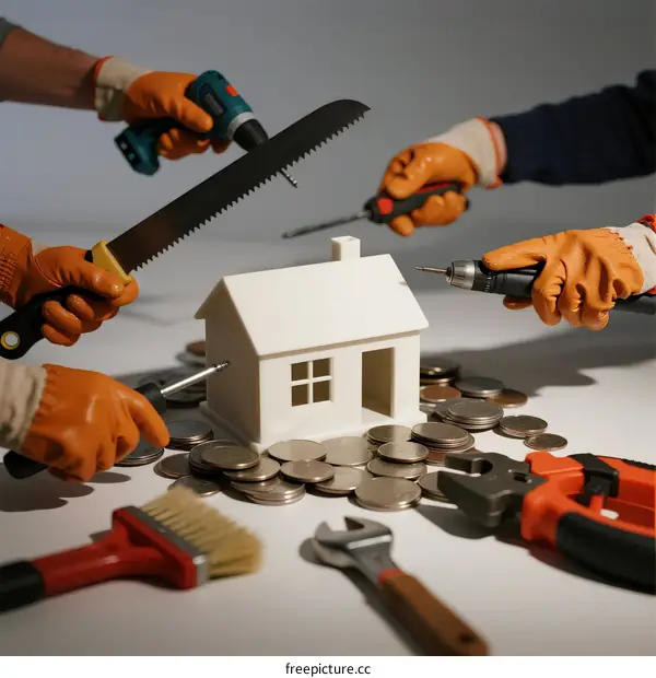 Hands with tools around a small house model and coins