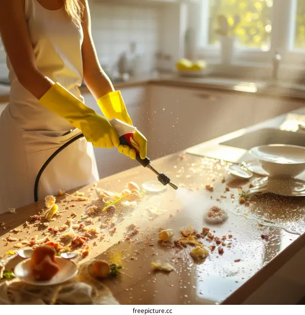 A woman in yellow gloves is cleaning the kitchen counter