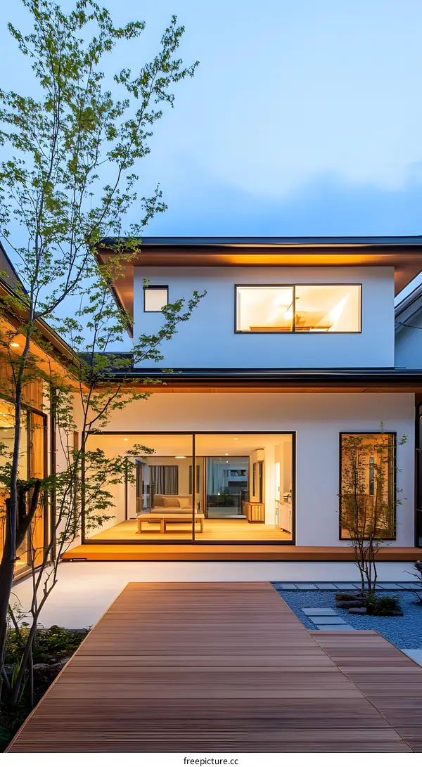 Modern Japanese House with Wooden Deck Patio