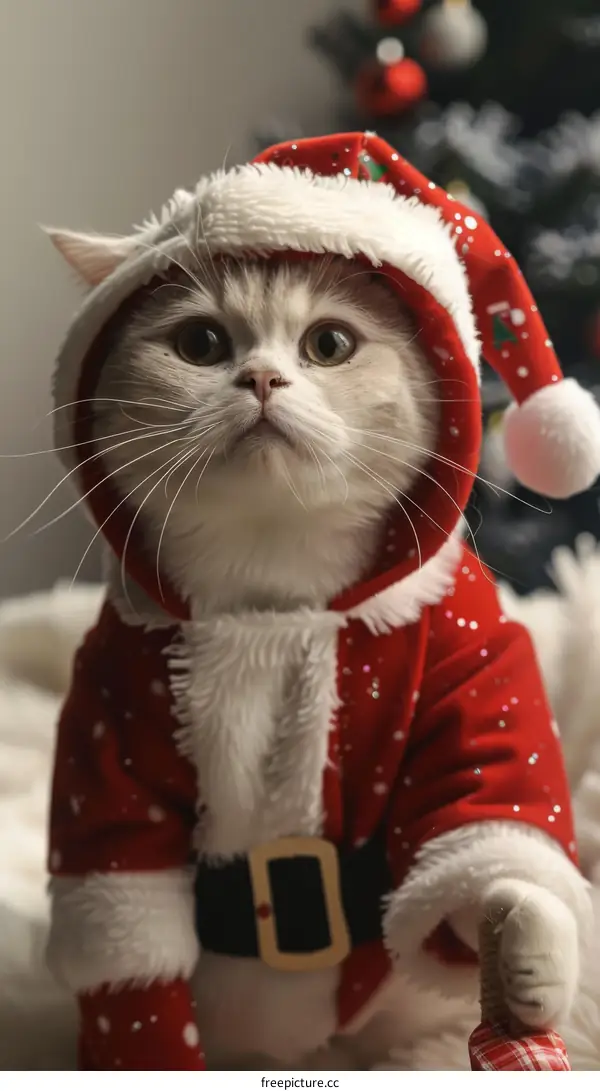 A cute cat wearing a Santa hat is sitting in front of a Christmas tree
