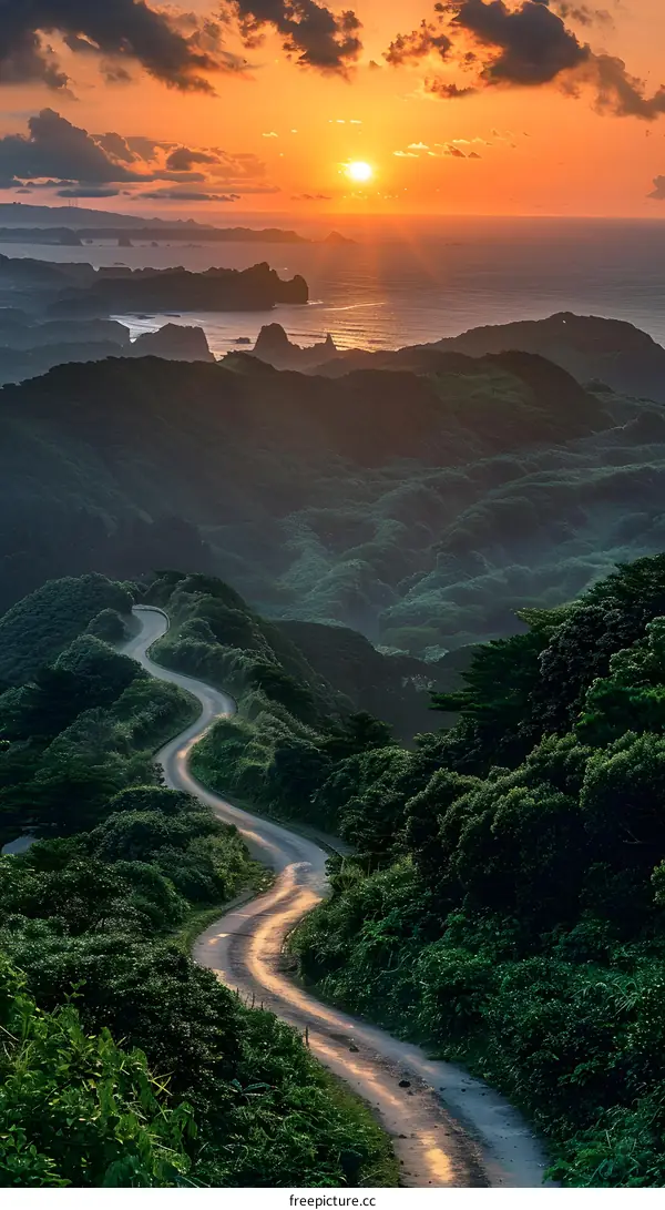 Winding Road through Green Hills at Sunset