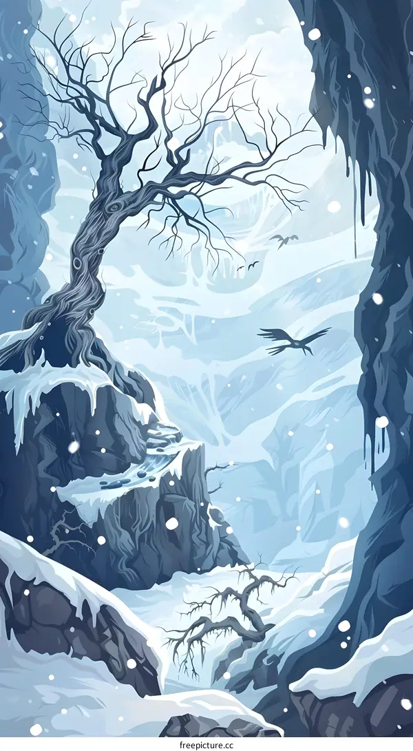 Winter Landscape with Snow Covered Mountains and a Dead Tree