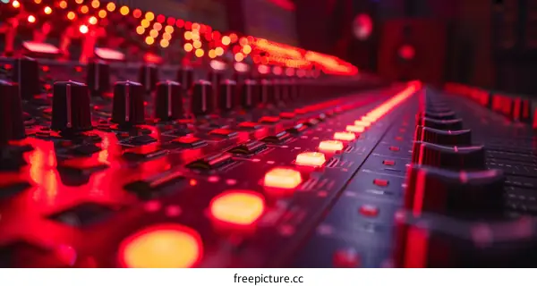 Red illuminated professional sound mixer control panel in a recording studio