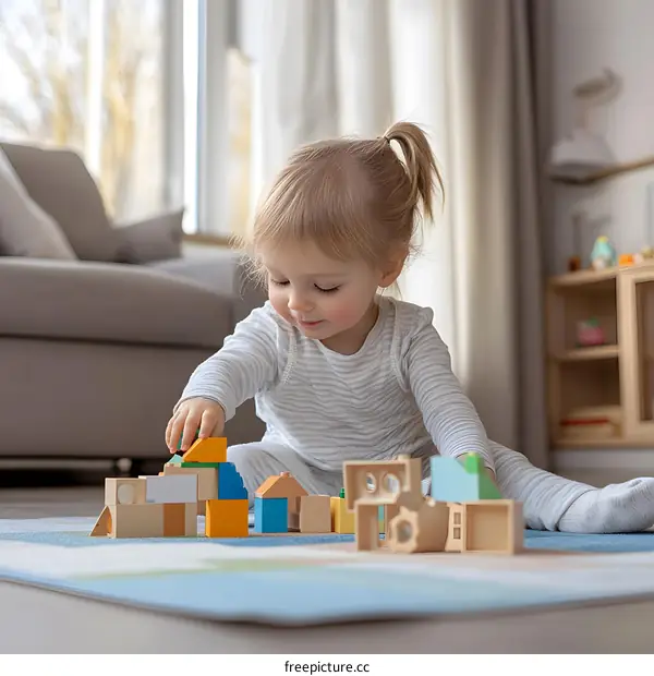 Little Girl Playing with Colorful Building Blocks on the Floor