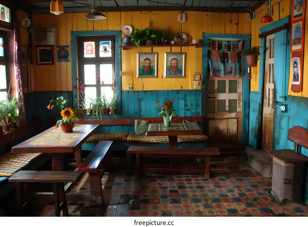 Rustic Interior with Colorful Walls and Floral Decorations