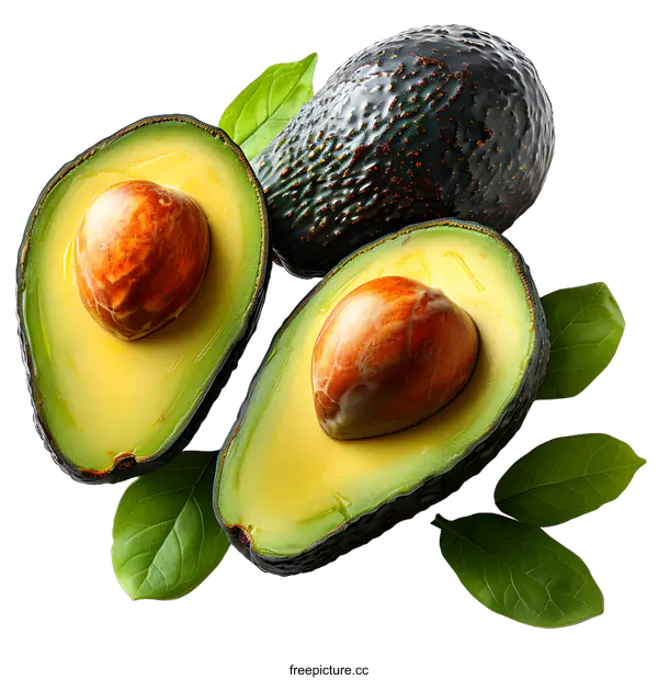 [Transparent Background PNG]Three avocados with green leaves on white background