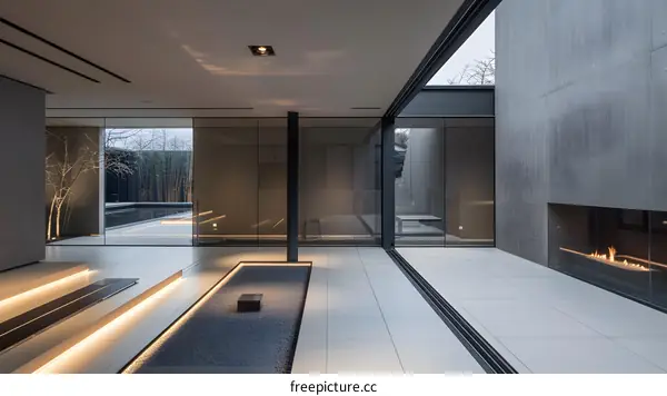 Modern Minimalist Home Interior Design With Large Windows and Fireplace