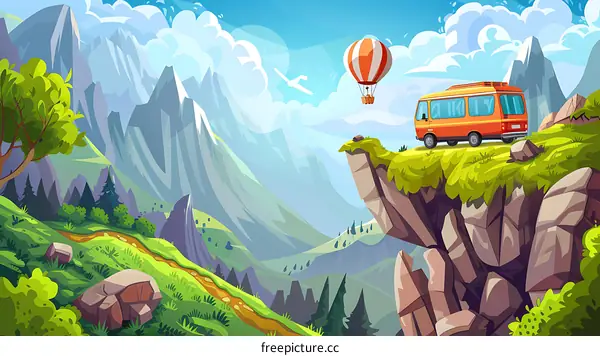 Mountain Landscape with Bus and Hot Air Balloon