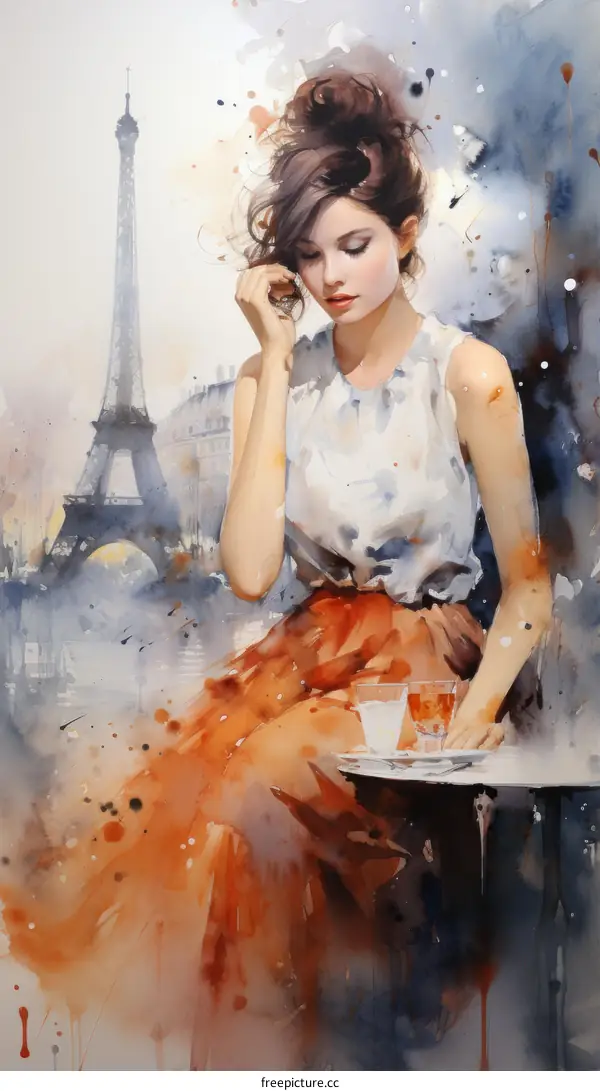 An elegant lady is drinking wine in front of the Eiffel Tower