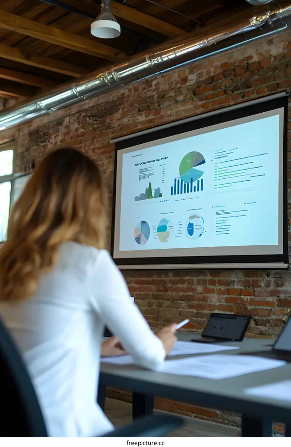 Woman Looking at Business Charts on Screen in Office