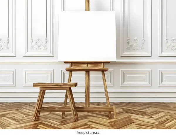 Wooden Easel and Stool Against White Wall
