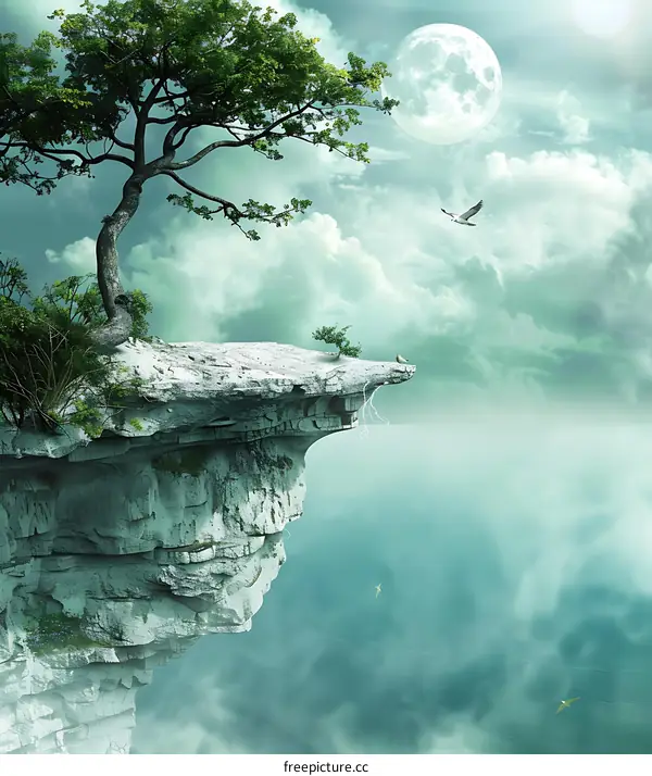 Fantasy Cliff with Moon and Birds