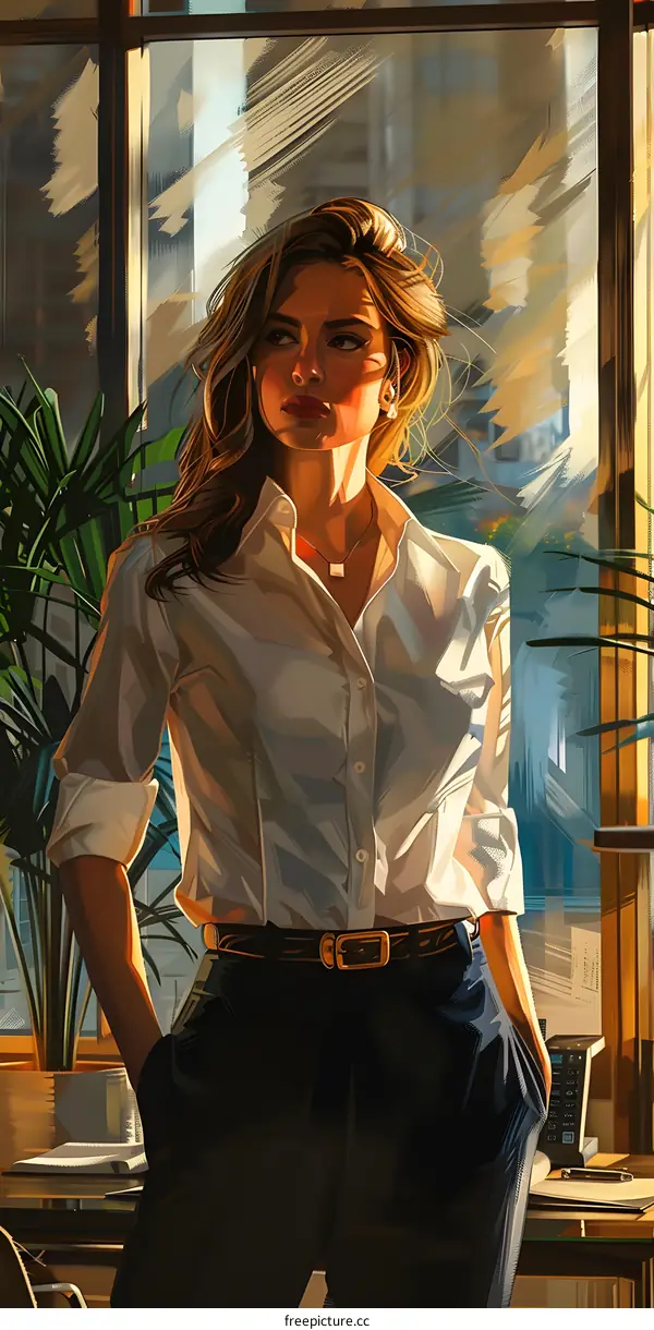 business woman standing by the window looking outside